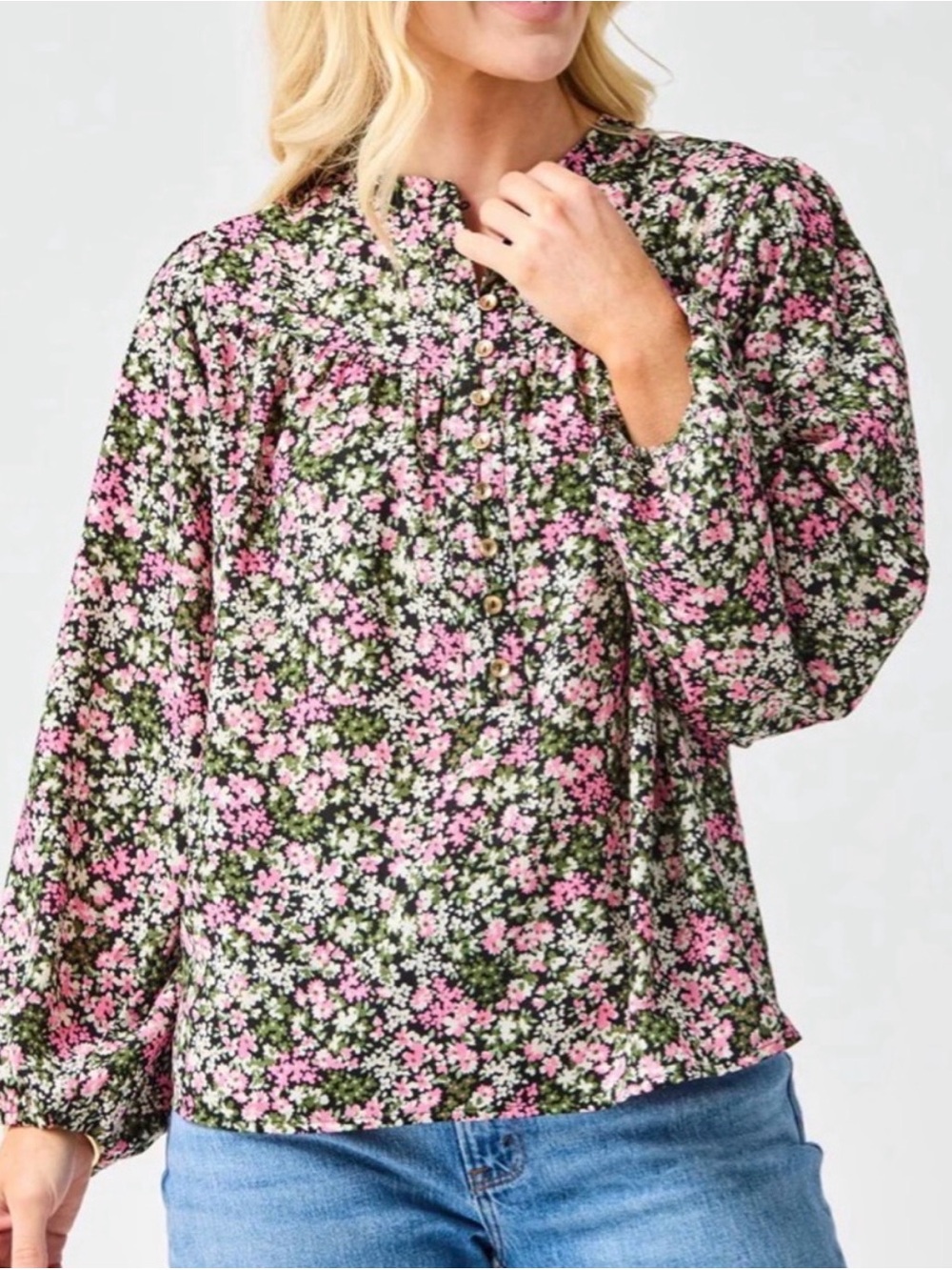 Floral Button-Front Blouse in Pink and Green